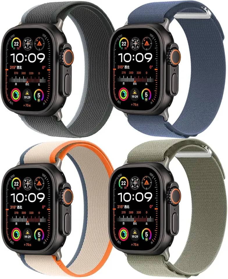 Pacote com 4 pulseiras de nylon compatíveis com Apple Watch Ultra 2/Ultra. Pulseiras masculinas de 49 mm, 46 mm, 45 mm e 44 mm, esportivas respiráveis para Apple Watch séries 10, 9, 8, 7, 6, SE, 5, 4,