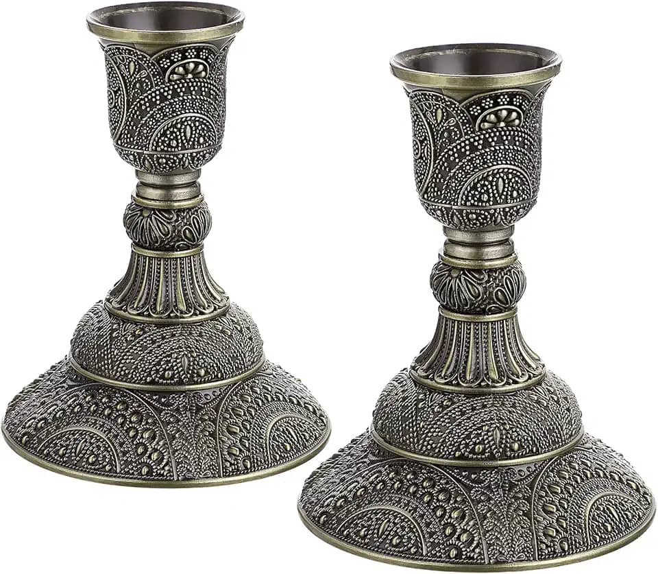 OwnMy Conjunto de 2 castiçais cônicos de metal vintage com 10 cm de altura. Conjunto de candelabro decorativo para mesa de jantar de casamento, bronze antigo