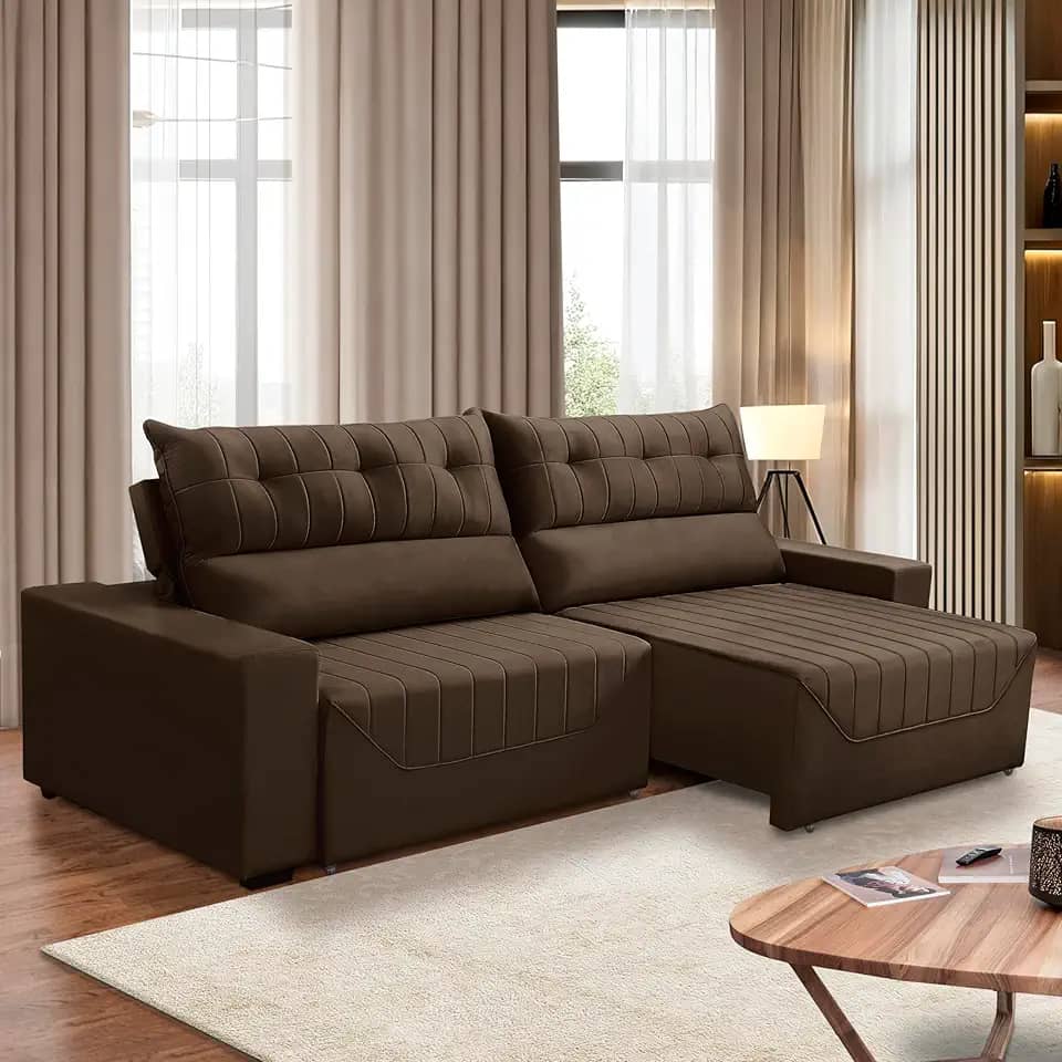 Sofá Retrátil e Reclinável 5 Lugares 3,00m Antonella Veludo Marrom Adonai Estofados