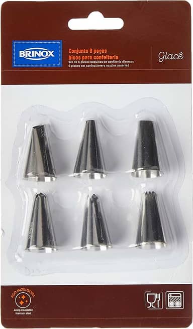 Conjunto 6 Peças, com 4 Bico Para Confeitar 3,2 cm Glacê e 2 Bicos 1,8x2,8cm, Aço Inox, Brinox