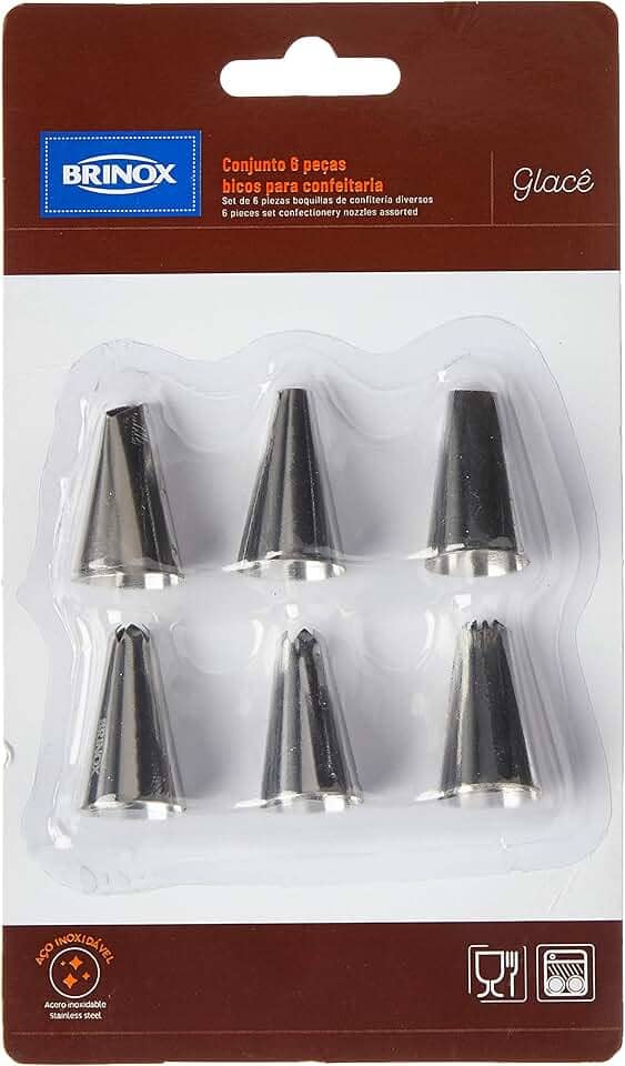 Conjunto 6 Peças, com 4 Bico Para Confeitar 3,2 cm Glacê e 2 Bicos 1,8x2,8cm, Aço Inox, Brinox