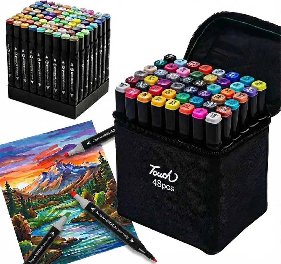 Kit Canetinhas para Colorir 48 Cores Inclui Base Organizadora– Canetas Dupla Ponta Profissionais | Canetinha Marcador Lápis de Cor para Pintura, Desenho, Escola e Artesanato