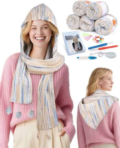 Coopay Kit de crochê para iniciantes, kits de crochê para adultos e crianças – 4 pontos básicos para completar cachecol com capuz, perfeito para crochê cachecol com capuz com instruções passo a passo