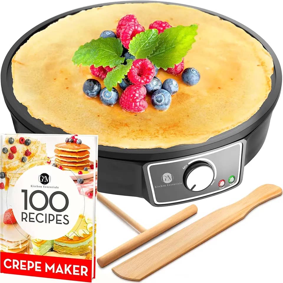 Máquina de fazer crepe, chapa de panqueca – chapa elétrica antiaderente de 30,5 cm – máquina de panqueca, espalhador de massa, espátula de madeira – panela de crepe para roti, tortilha, blintzes – portátil, compacta, fácil de limpar