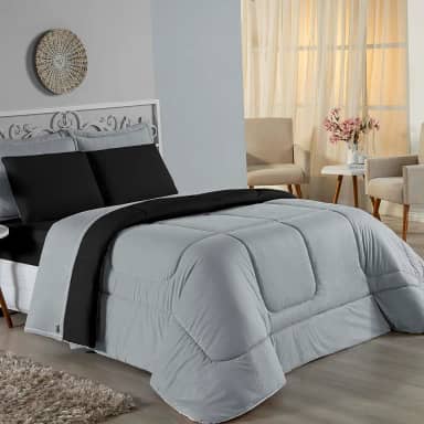 Edredom JRA Dupla Face em Malha 100% Algodão, Casal/Queen/King, Enchimento em Poliéster (PRETO/CINZA, Queen)