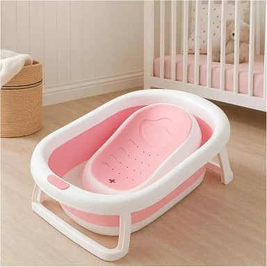 PIPDIP Kit Banheira Dobrável 2 em 1 para Bebê, Capacidade de até 44 Litros, Com Encosto, Portátil, Plástico e Borracha, Branco e Rosa.