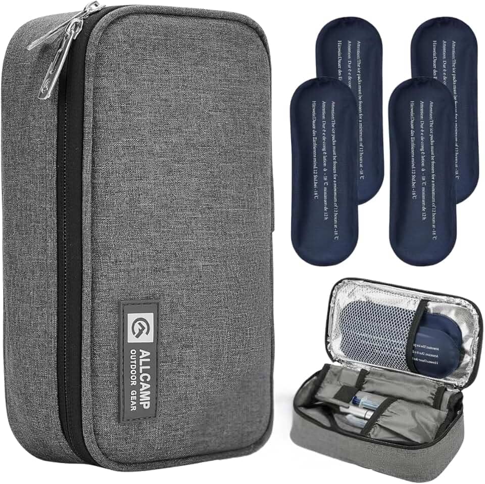 Bolsa de viagem Cooler de insulina da ALLCAMP para medicação diabética orgânica com 4 pacotes de gelo, Cinza, Medium