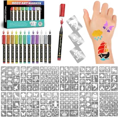 Marcadores temporários de tatuagem para pele, 12 marcadores corporais metálicos + 183 estênceis de tatuagem temporária para crianças e adultos, ponta de pincel flexível, cores brilhantes, canetas de
