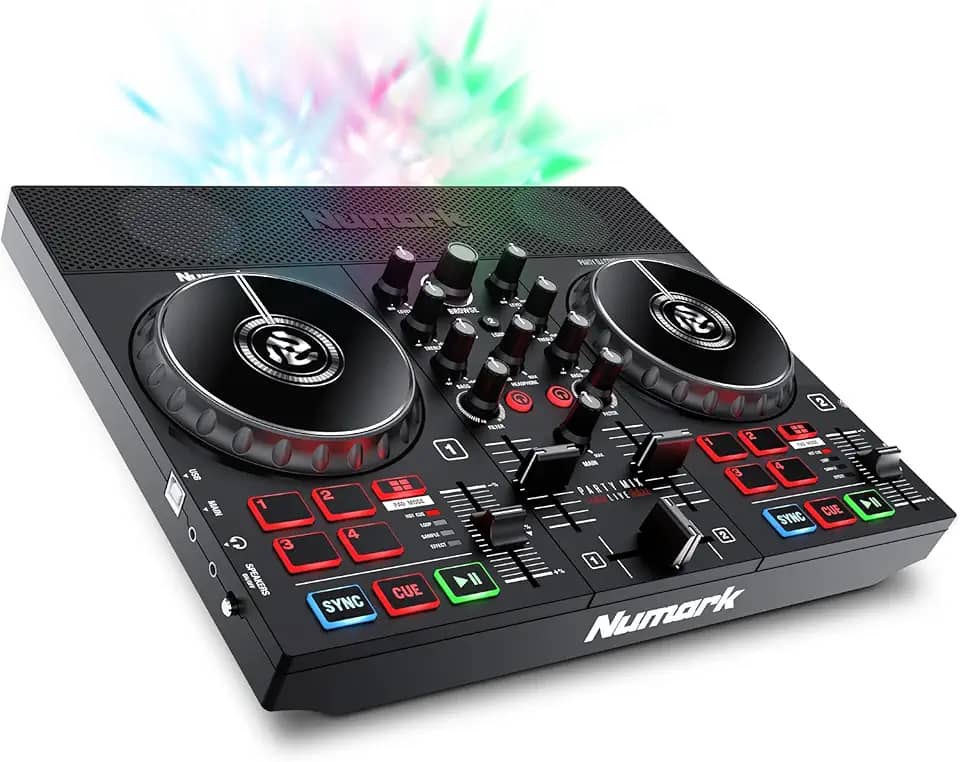 Numark Party Mix Live – Controlador de DJ com alto-falantes embutidos, luzes de festa e mixer DJ, conjunto completo de DJ com mixer e interface de áudio + Serato DJ Lite