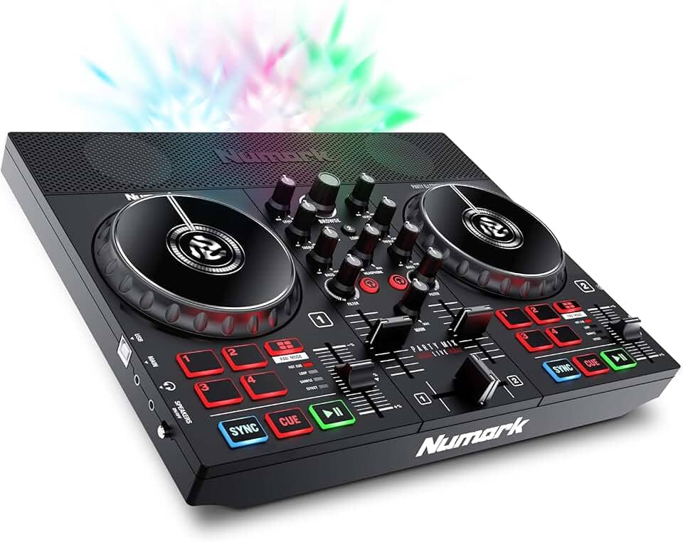 Numark Party Mix Live – Controlador de DJ com alto-falantes embutidos, luzes de festa e mixer DJ, conjunto completo de DJ com mixer e interface de áudio + Serato DJ Lite