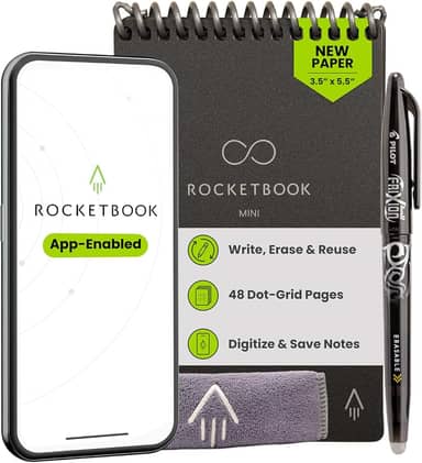 Rocketbook Novo mini bloco de notas inteligente reutilizável, tamanho de bolso 9,5 x 14,5, preto - páginas pontilhadas, conectadas a aplicativos, apagável, ideal para anotações rápidas em qualquer