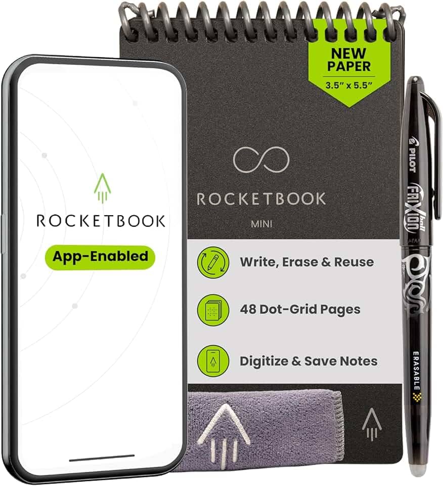 Rocketbook Novo mini bloco de notas inteligente reutilizável, tamanho de bolso 9,5 x 14,5, preto - páginas pontilhadas, conectadas a aplicativos, apagável, ideal para anotações rápidas em qualquer
