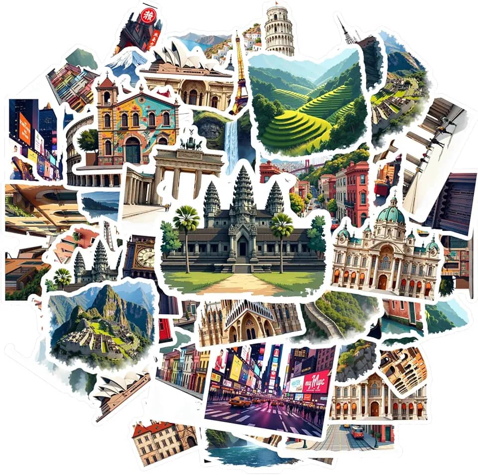 35 peças de adesivos de arquitetura de marcos mundiais de arquitetura de brinquedo detalhados para laptop, bagagem, álbum de recortes, diário, adesivo, mala, telefone, bagagem, laptop, guitarra, carro
