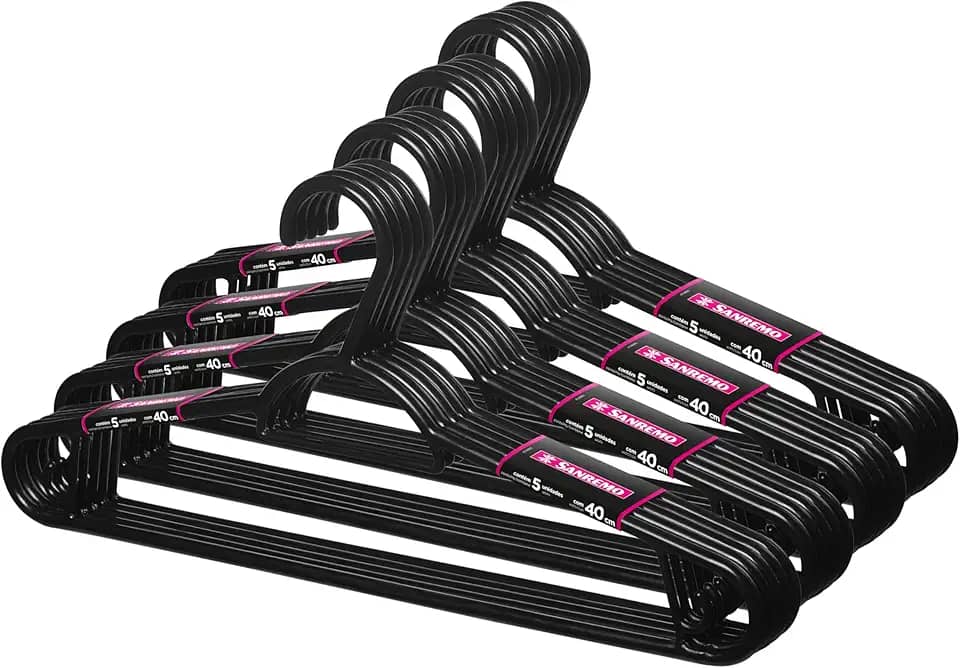 Sanremo - Conjunto com 20 Cabides Plástico Adulto para Roupas Médias Pendura Mais, Cor Prero, Linha Easy
