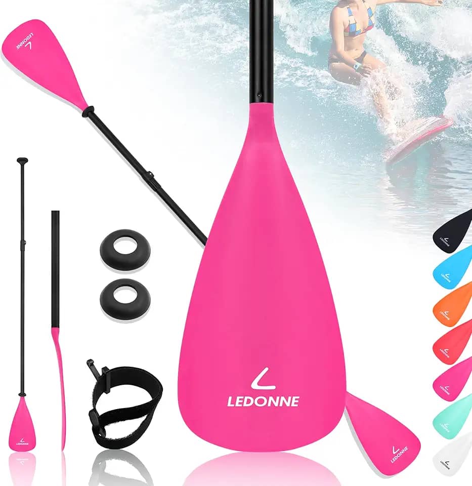 LEDONNE SUP Paddle 4 peças ajustável stand up paddle flutuante leve portátil para caiaque remo com eixo de liga de alumínio, 2 lâminas de nylon, gancho e laço, anel de gotejamento, rosa