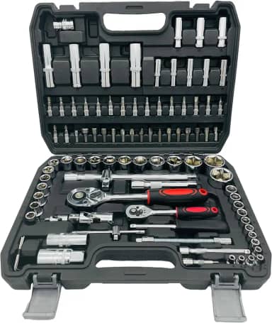 Jogo de Chaves Soquete Catraca 1/4 e 1/2 Pol 94 Peças Aço Cromo Venádio