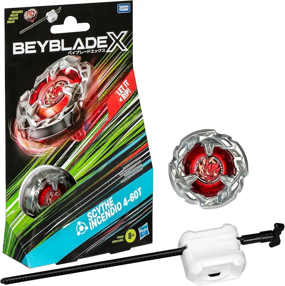 Beyblade X, Pião, Scythe Incendio 4-60T - Conjunto de Brinquedo Tipo Equilíbrio, Giro à Direita, Inclui Lançador - A partir de 8 Anos