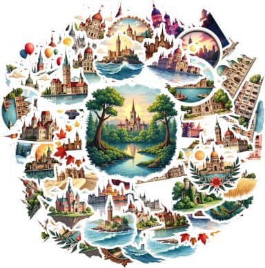 50 peças arquitetura marco castelo palácio histórico adesivos PVC adesivos arquitetônicos cênicos para guitarra, laptop, capacete, skate, telefone faça você mesmo, guitarra, laptop, notebook, mala