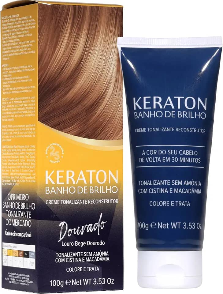 Keraton, Banho de brilho, Creme tonalizante reconstrutor, Sem amônia, Com cistína e macadâmia, Trata e colore, 100g, Dourado, Louro bege dourado