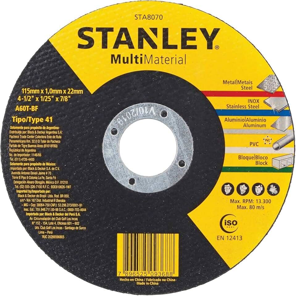 STANLEY Disco Abrasivo de Corte Multi Material de 4.1/2 Pol. x 1.0mm x 7/8 Pol. (114mm x 1.0mm x 22mm) STA8070