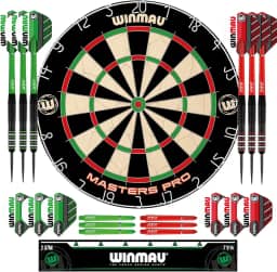 Winmau Conjunto de dardos Masters Pro Premium com cerdas – Inclui dardos e dardos de dardos, voos, eixos e faixa Oche – dardos profissionais com ponta de aço e placa de dardos para adultos
