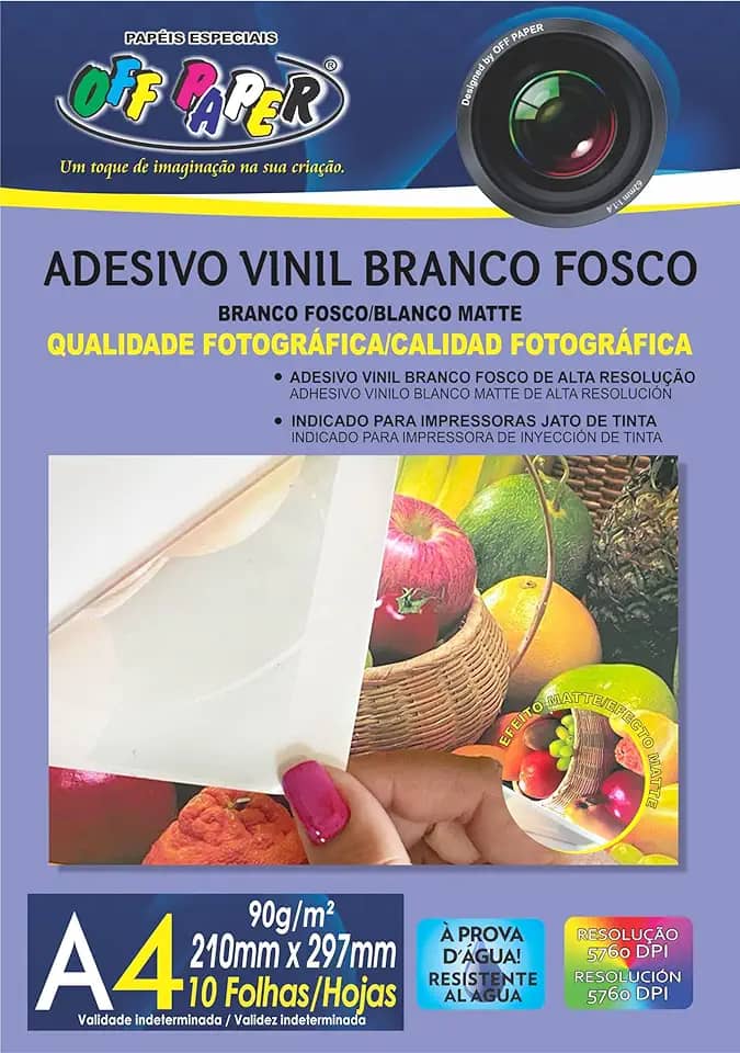 Adesivo Vinil Fosco Branco 90g, formato A4, pct com 10 fls, 10582