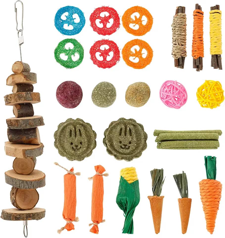 28 peças de brinquedos para mastigar coelho, madeira natural segura, conjunto de mastigar hamster, palitos de feno timothy cenouras brinquedo de mastigar madeira para coelhos, chinchila