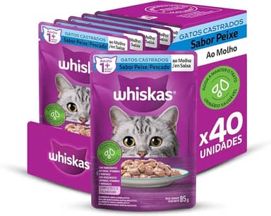 Packs de Ração Úmida Whiskas Sachê para Gatos Adultos Castrados, Peixe ao Molho, 40 Sachês de 85 g