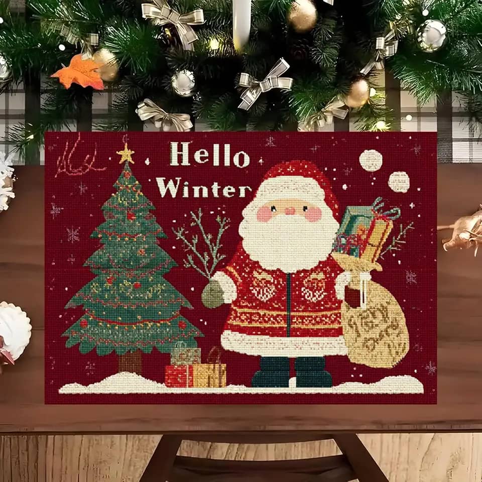 Jogo americano de mesa 29 × 44 cm – Tapetes reutilizáveis de Natal com Papai Noel, árvore de Natal e design de Hello Winter para jantar, café e decoração de cozinha