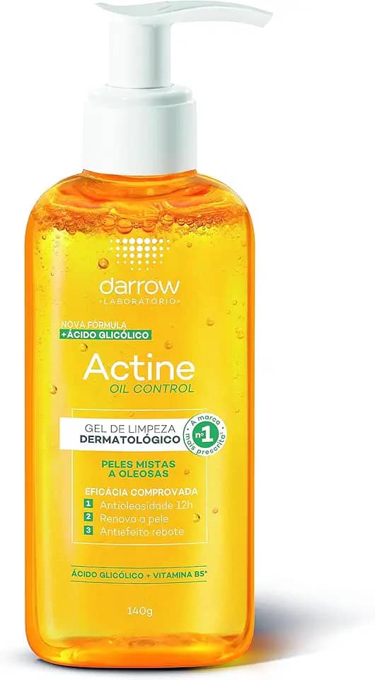 Darrow Actine Oil Control Gel de Limpeza Dermatológico Facial com Ácido Glicólico e Vitamina B5 para Controle da Oleosidade, Pele Matificada Sem Efeito Rebote e Poros Desobstruídos, 140g