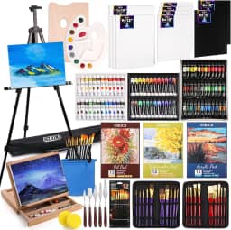ESRICH Conjunto de pintura artística de luxo, 141 peças, suprimentos de pintura com 84 tintas (óleo, aquarela, tinta acrílica) cavaletes de metal e madeira, tela, blocos de papel, pincéis, etc. para