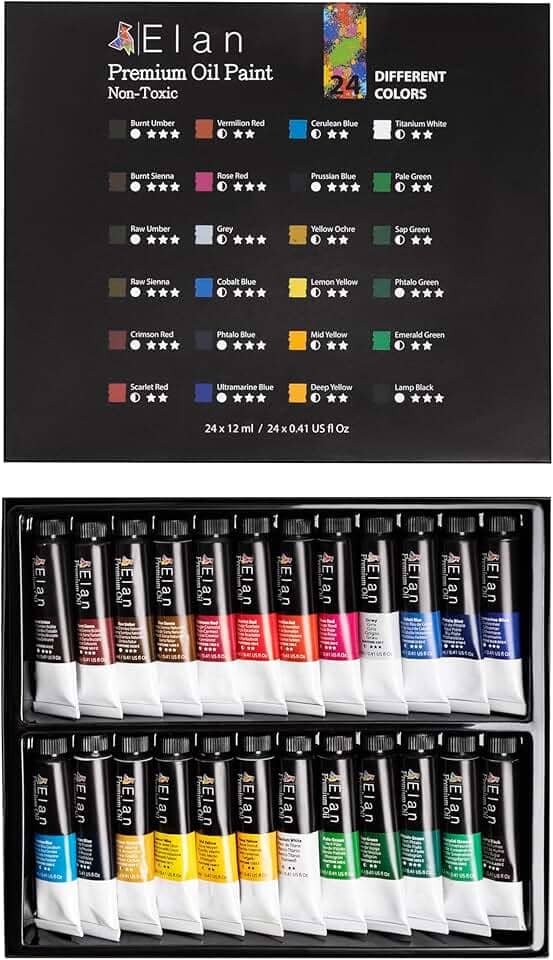 Elan Conjunto profissional de tinta a óleo, 24 mini tubos de cores vibrantes 12 ml, tintas a óleo não tóxicas para pintura em tela, tintas de arte para adultos e artistas