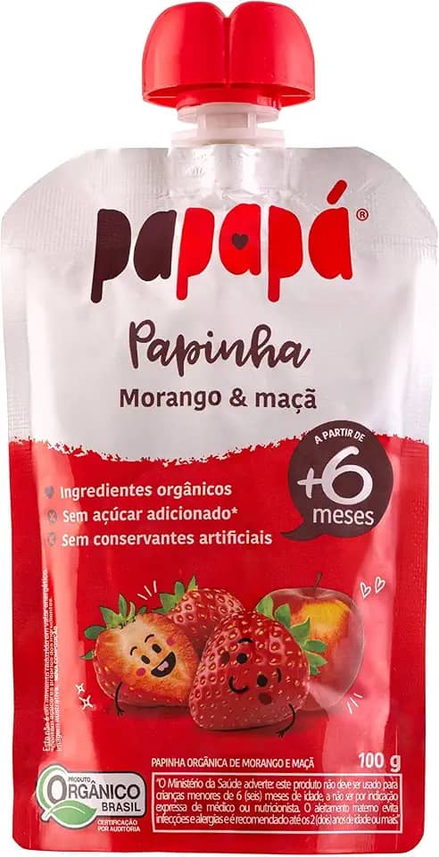 Papapá, Papinha Orgânica de Frutas, Sabor Morango e Maçã, 100g, Sem Açúcar Adicionado, Ingredientes Naturais