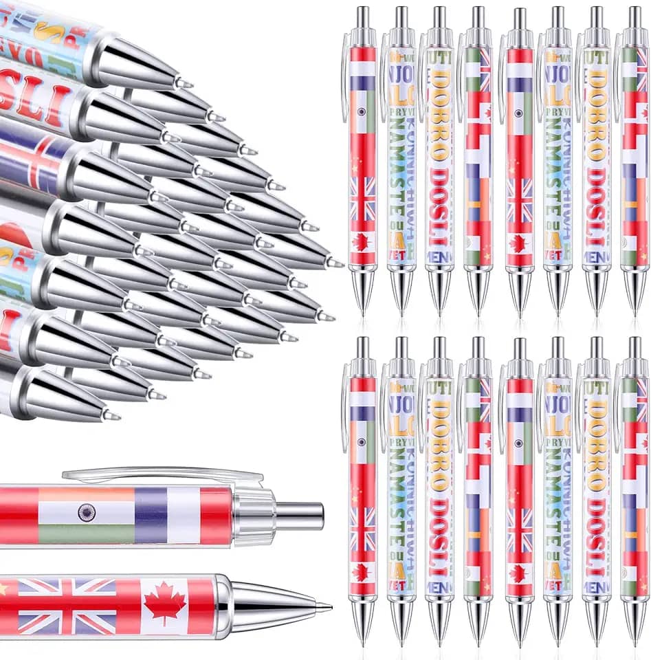 Treela 24 canetas de bandeira internacional, canetas esferográficas de bandeira do mundo, canetas decorativas de bandeiras do país, canetas de tinta retráteis para eventos esportivos internacionais,