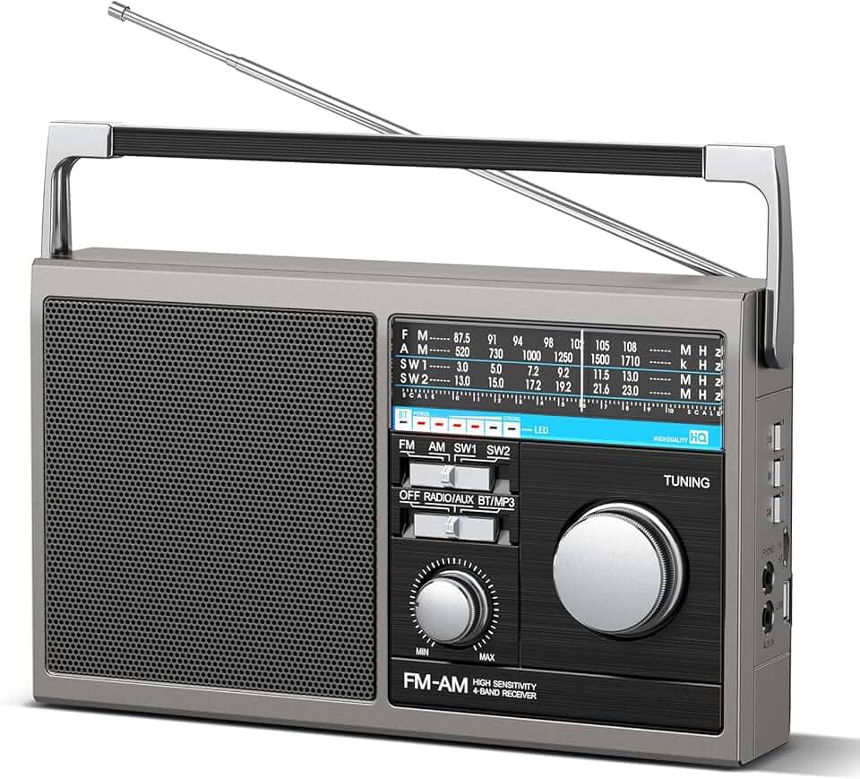 Rádio AM FM portátil, rádio transistor de ondas curtas com melhor recepção, operado por bateria ou retro, alimentação CA, com alto-falante Bluetooth grande, entrada auxiliar de cartão USB TF, para
