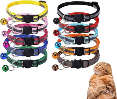 Pacote com 10 coleiras reflexivas para gatos com sinos, coleira de gato, coleira de segurança para gatos, suprimentos para animais de estimação, coisas, acessórios