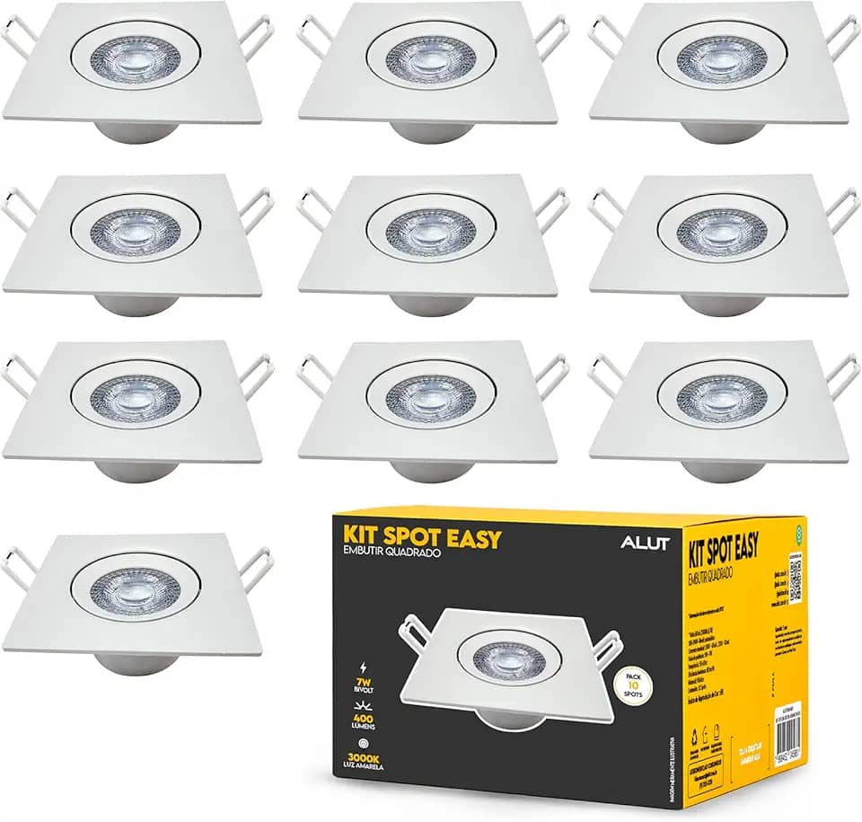 Kit 10 Spot LED 7W Embutir Quadrado, Direcionável Bivolt, 3000K/4000K/6500K, Ideal para Gesso e Sancas
