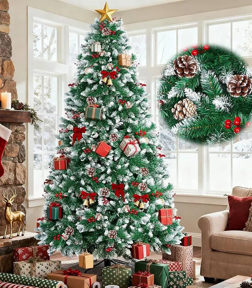 2,1M Árvore de Natal Pinheiro de Cedro de Luxo, com 1500 Ramos, 250 Cerejas Vermelhas e Pinhas, Efeito Nevado para Árvore de Pinheiro, Equipado com um par de Luvas de Instalação