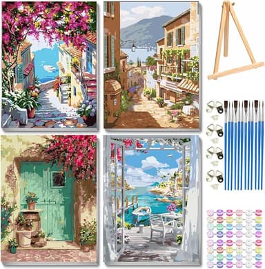 VIGEGU Pacote com 4 kit de pintura por números para adultos iniciantes emoldurado - com cavalete de madeira, pintura de porta de paisagem à beira-mar por números com moldura, faça você mesmo, kits de