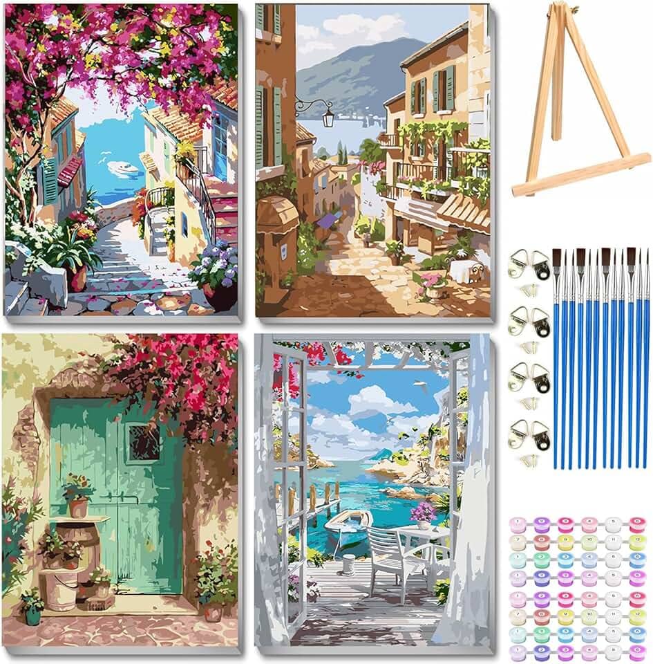 VIGEGU Pacote com 4 kit de pintura por números para adultos iniciantes emoldurado - com cavalete de madeira, pintura de porta de paisagem à beira-mar por números com moldura, faça você mesmo, kits de