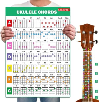 Pôster de quadro de acordes de ukulele para acordes laminados A4 iniciantes e portáteis