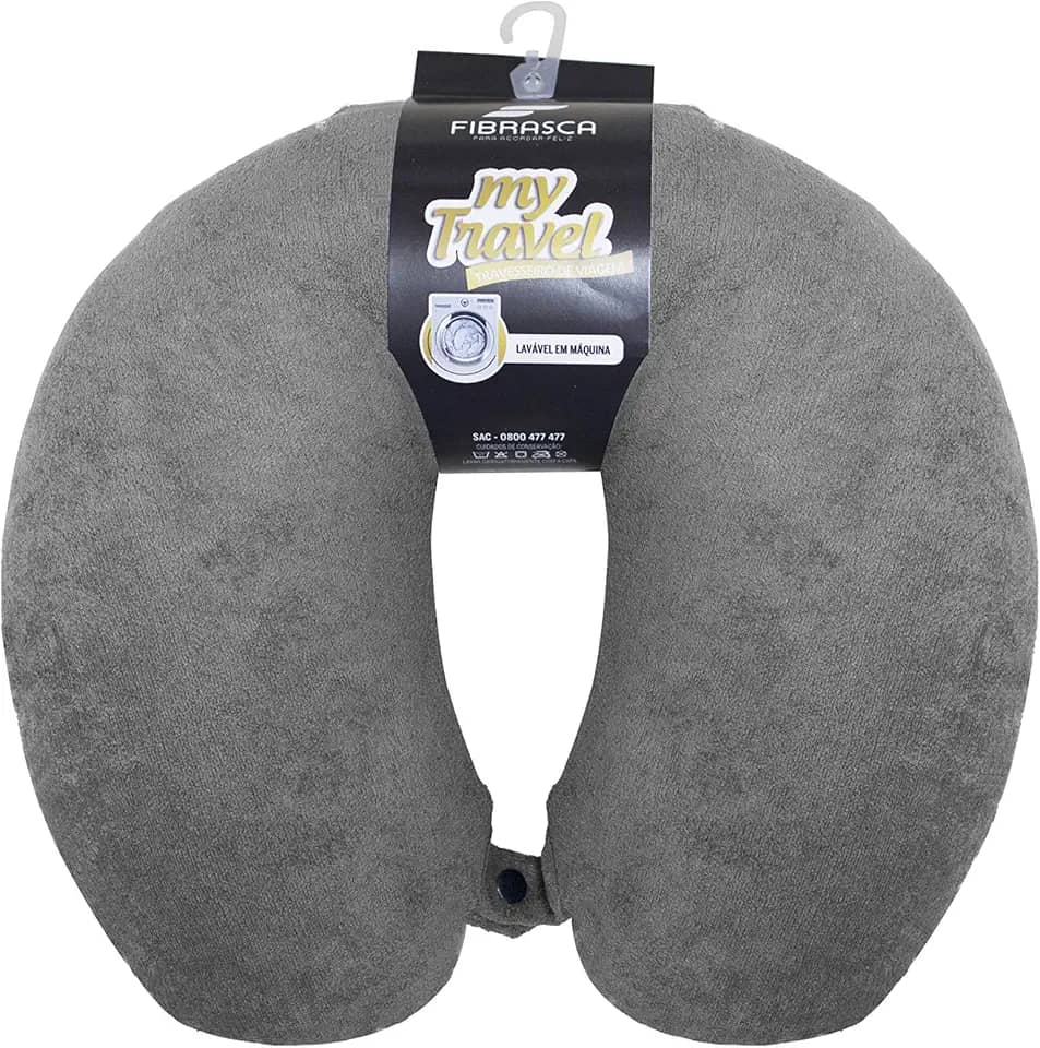 Travesseiro de Viagem My Travel - Fibra Siliconizada - Grafite - Fibrasca, Formato "U" anatomico cervical