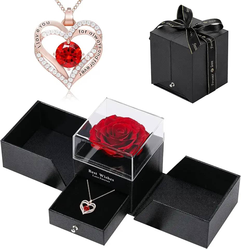Yabesty Conjunto de joias de colar de rosa preservada com amor, presentes de flores de rosas feitos à mão para ela no dia das mães, aniversário, dia dos namorados, aniversário de Natal e (vermelho1)