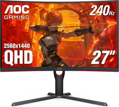 AOC CQ27G3Z Curved Gaming Monitor, QHD 2K 2560 x 1440, 1000R VA, 240 Hz 0,5 ms, FreeSync Premium, Height ajustável Stand, Xbox PS5 Switch, 3-Year Zero-Bright. - Dot, B Preto