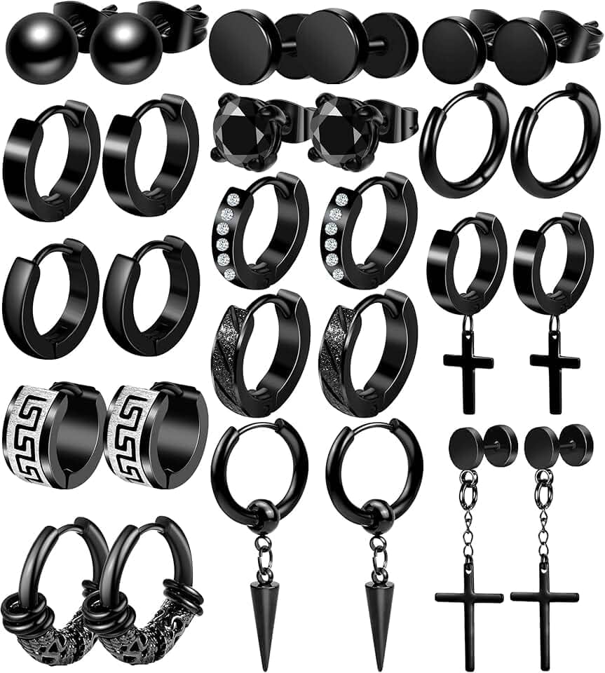 Conjunto de 15 pares de brincos masculinos pretos de aço inoxidável de cruz para homens e mulheres, hipoalergênicos, brincos de pendurar, argolas, tarraxas, Aço inoxidável, Sem pedra preciosa