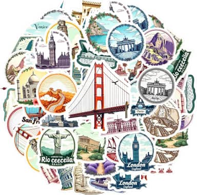 35 peças de marcos de viagem, turismo, arquitetura, marco cultural, adesivos culturais, pacote de adesivos vintage para laptop, motocicleta, bagagem, telefone, faça você mesmo, guitarra, notebook