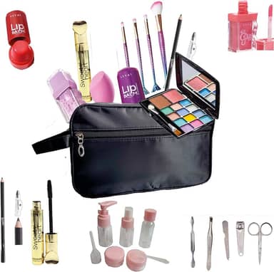 Kit de Maquiagem Completo Juvenil, Adolescente, Adulto, Paleta de Sombras Dobrável 12 Cores, 2 Blushes, Rímel, Lápis, Balm, Gloss, 5 Pincéis, Espelho, Kit Frascos de Viagem, Kit de Unhas, Beleza Feminina SK2