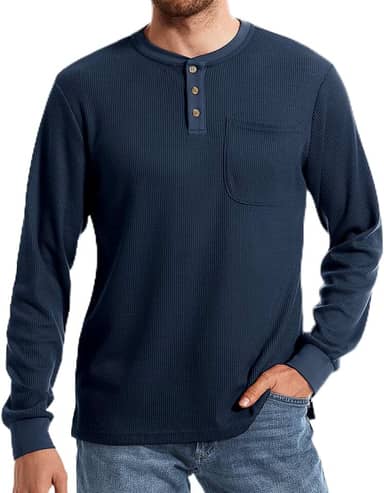 Camisetas masculinas Henley manga curta botão waffle com bolso