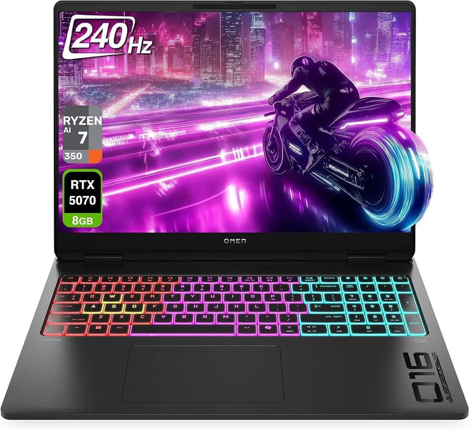 HP Laptop para jogos OMEN 16 MAX, AMD Ryzen AI 7 H 350, RAM DDR5 de 32 GB, SSD PCIe de 2 TB, WQXGA de 16 polegadas (2560 x 1600) tela 240Hz, Nvidia G-Force RTX 5070, teclado retroiluminado RGB de 4
