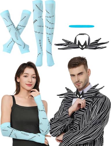 Fantasias de Halloween para casais acessórios incluem meias azuis claras costuradas para cicatrizes até a coxa, pintura de rosto azul, gola V, gravata borboleta para festa de cosplay de Halloween
